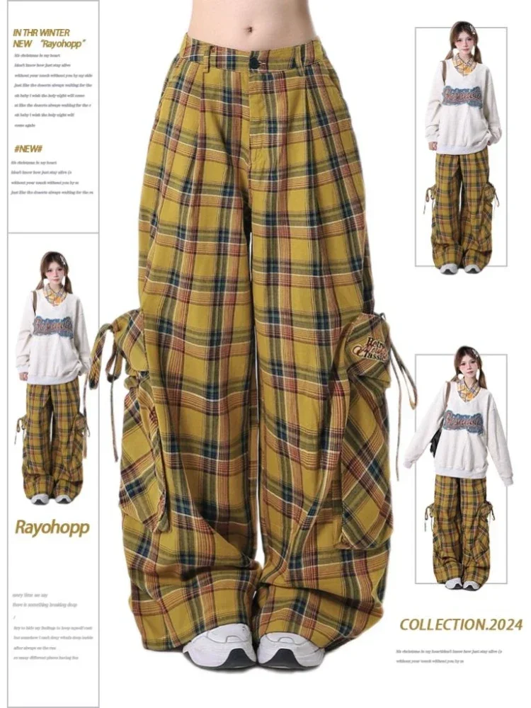 

ADAgirl Plaid Cargo Pants Women Hip Hop Streetwear Casual Loose High Waist Korean Straight Leg Joggers Y2k Harajuku Chic Trouser