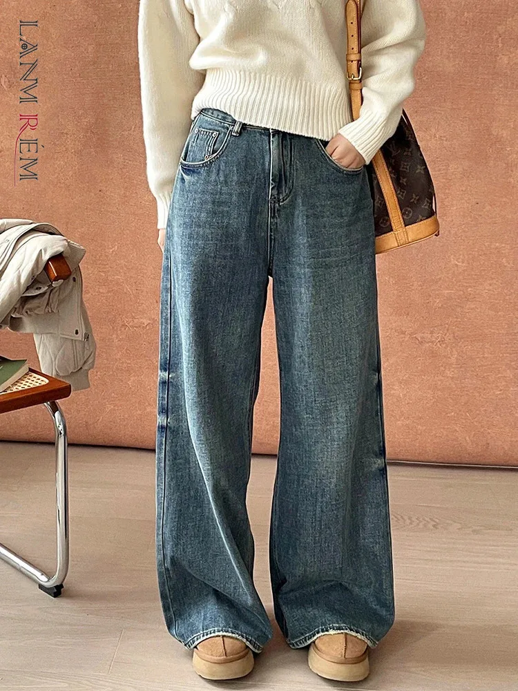 

[LANMREM] Washed Thick Jeans For Women High Waist Straight Wide Leg Denim Pants Office Lady Clothes 2024 Winter New 26C1356