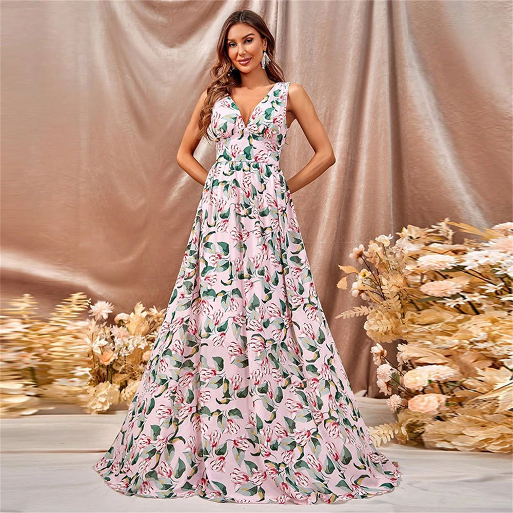 Summer for Women Sexy Chiffon Print Evening Party Long Maxi Dress V-Neck Backless Bridesmaid Prom Ball Sleeveless Gown Vestidos