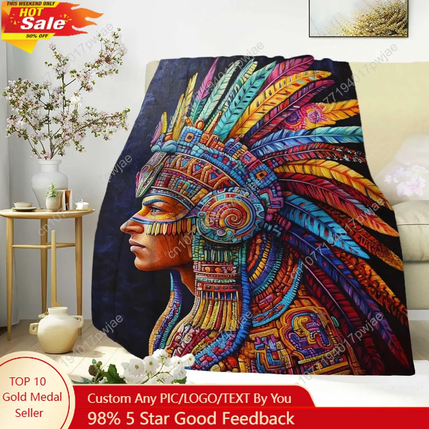 Tribal Blanket with Aztec Headdress Colorful Feathered Warrior Profile Mayan Heritage Design Bohemian Home Decor Custom blankets