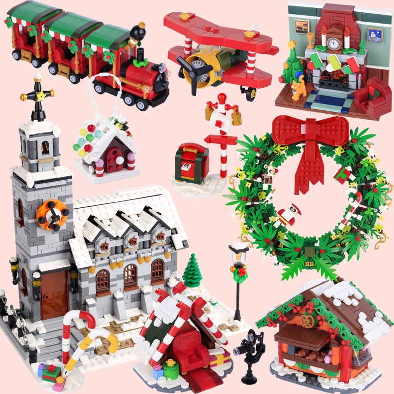 MOC คริสต์มาสของขวัญ Snow Church อิฐบล็อกอาคารชุด City Street View บ้านตัวเลขฉากประกอบอิฐ