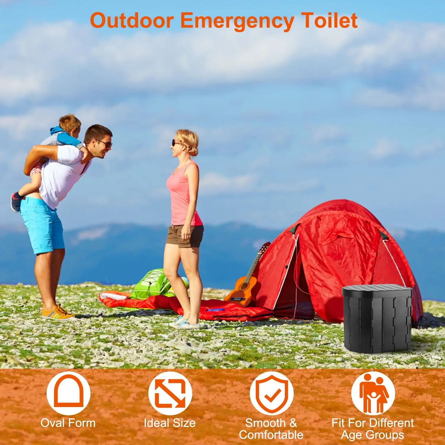 Foldable Emergency Toilet Portable Porta Potty for Car Travel Camping Boating Hiking Cleanable Travel Commode with Lid Carry Bag