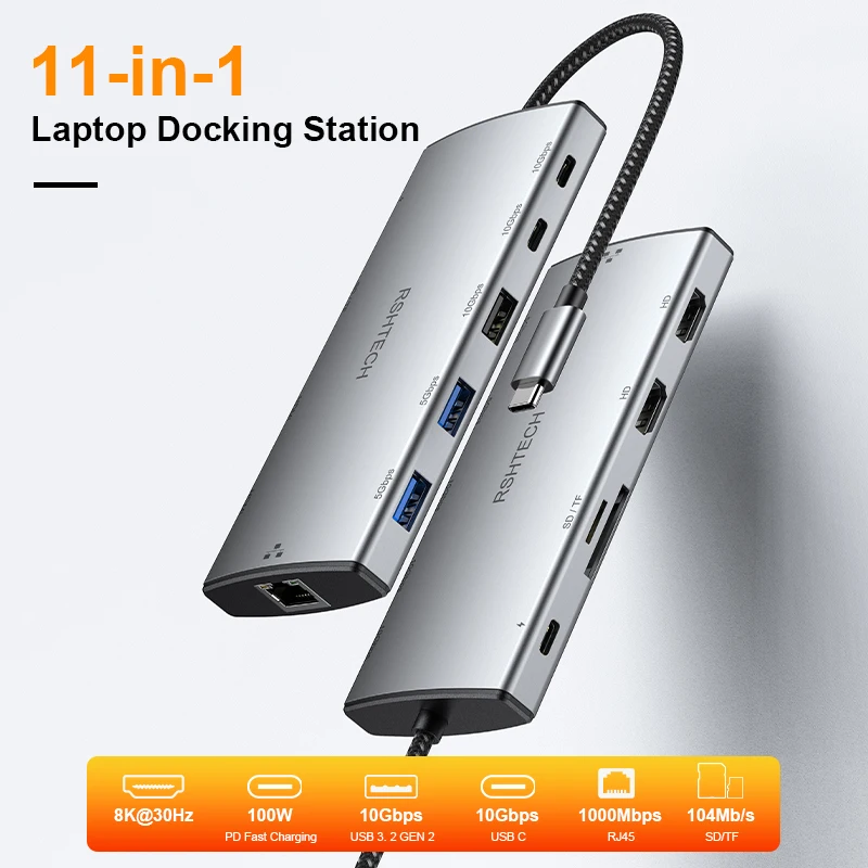 

RSHTECH 11-in-1 Type C USB Hub 10Gbps Multiport Adapter 4K@60Hz PD100W RJ45 SD/TF HDMI-Compatible Laptop MacBook Docking Station