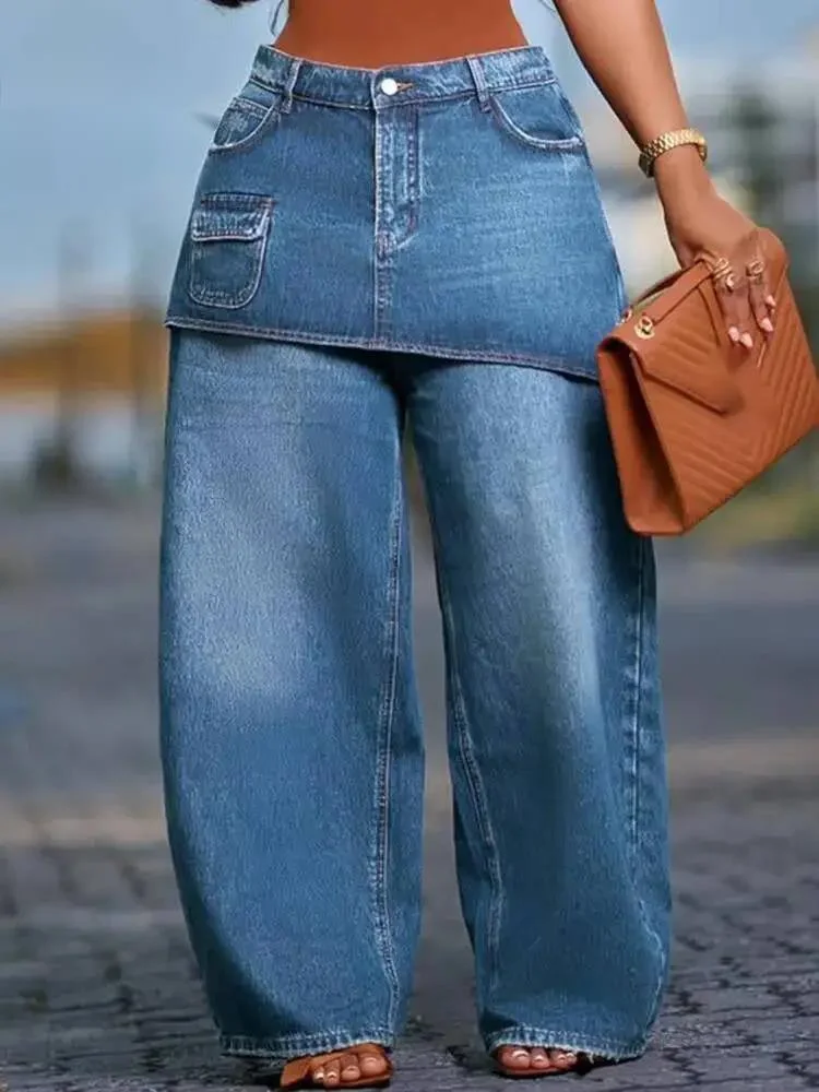 European And American Style Loose Fitting Fake Two Piece Wide Leg Denim Trousers For Women 2026 Spring New 05E0K2SN