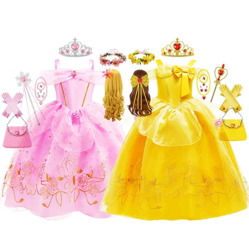 

Belle Costume Girl Beauty and Beast Dress Kids Birthday Aurora Dress for Girls Sleeping Beauty Cosplay Halloween Disguise