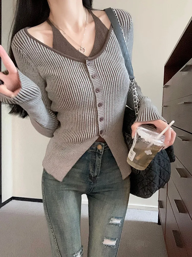 Retro style Women hanging cardigan sweater Button Fake two pieces Slim fit top Youth Elegant High quality knitwear Classic Grey