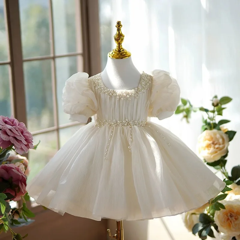 

Детские платья принцессы с бантом из тюля и жемчуга для девочек, платья для первого причастия, подарок на день рождения, Рождество, свадьба, день рождения