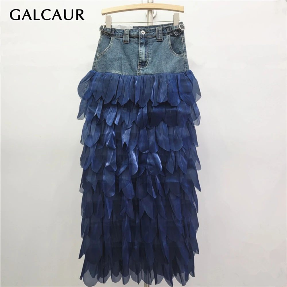 

GALCAUR Solid Spliced Ruffles Basics Skirt Female High Waist Loose Design Streetwear Women's Long Skirts Autumn Fashion Style