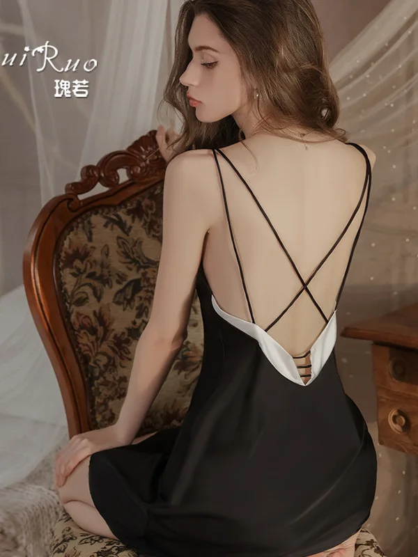 Exotic Summer Fashion Women's Clothing 2024 New Shoulder Strap Solid Color Splicing Bareback Simple Ice Silk Elegant Dress X0RW