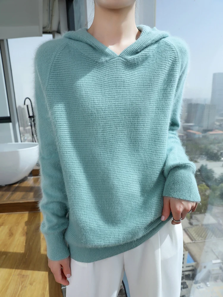 

Long Sleeved Hooded Solid Color Horizontal Stripes Mink Fur Pullover Wool Knitting Women's Sweater High-Quality Loose Soft Tops