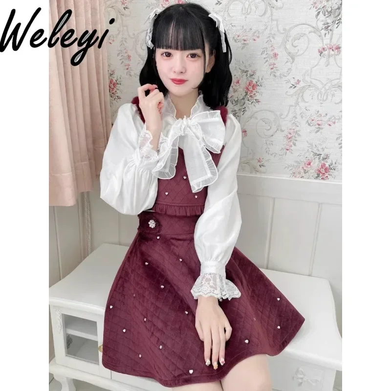 Japanese Rojita White New Dress Womans Clothing Long Sleeve Mine Sweet Heart Diamond Decorations Cotton Padded Jacket Dress Suit