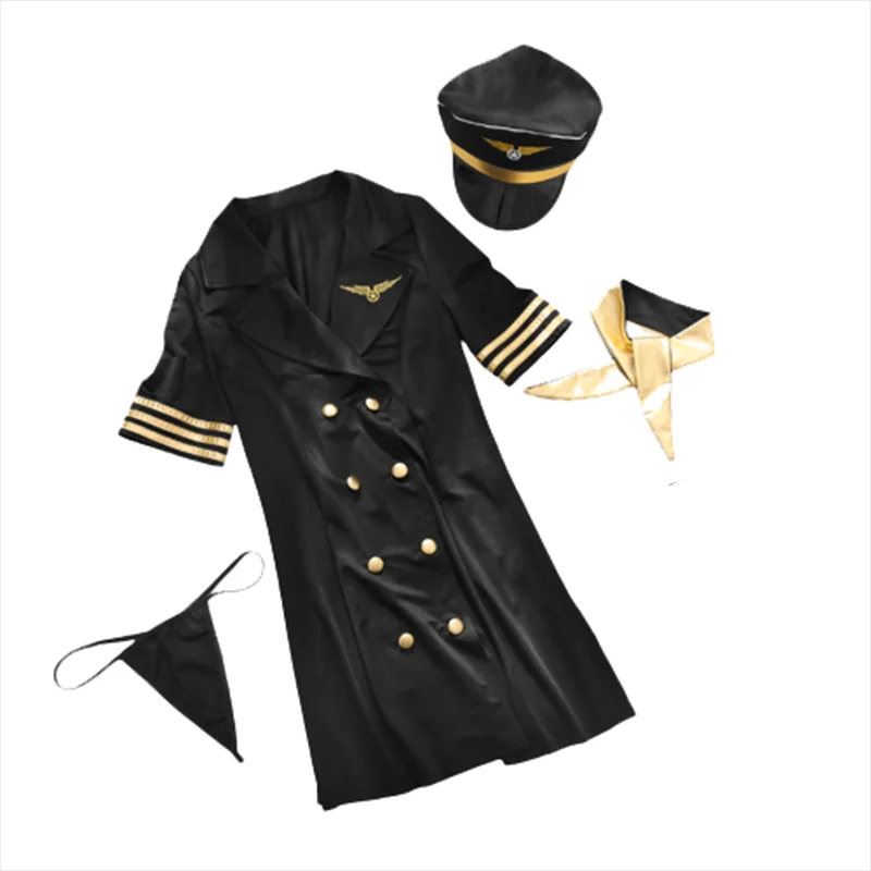 Sexy Airline Aeromoça Uniforme para Mulheres, Erótica Role-Playing Lingerie, Traje de Halloween, Tentação, Conjunto de 4 Peças