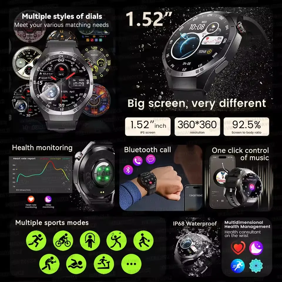 Original gt5 pro gps esportes ip68 à prova dip68 água relógio inteligente masculino 1.52 "amoled tela hd freqüência cardíaca bluetooth chamada relógios inteligentes mulher