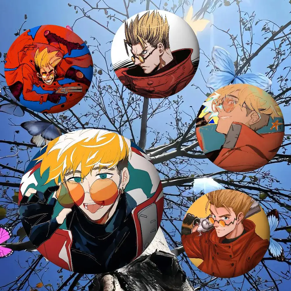 Cool Anime Vash The Stampede Premium Tinplate Round Lapel Pins: Cute Badge Brooches For Shoulder Bag Accessories, Souvenir Gifts