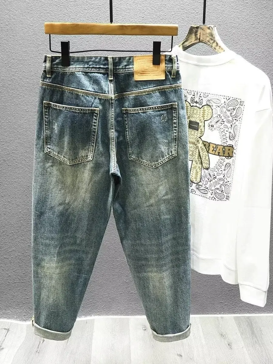 

Модные мужские джинсы с заплатками, прямой дизайн с отверстиями, летние свободные повседневные длинные брюки, противоизносостойкие, дышащие, удобные