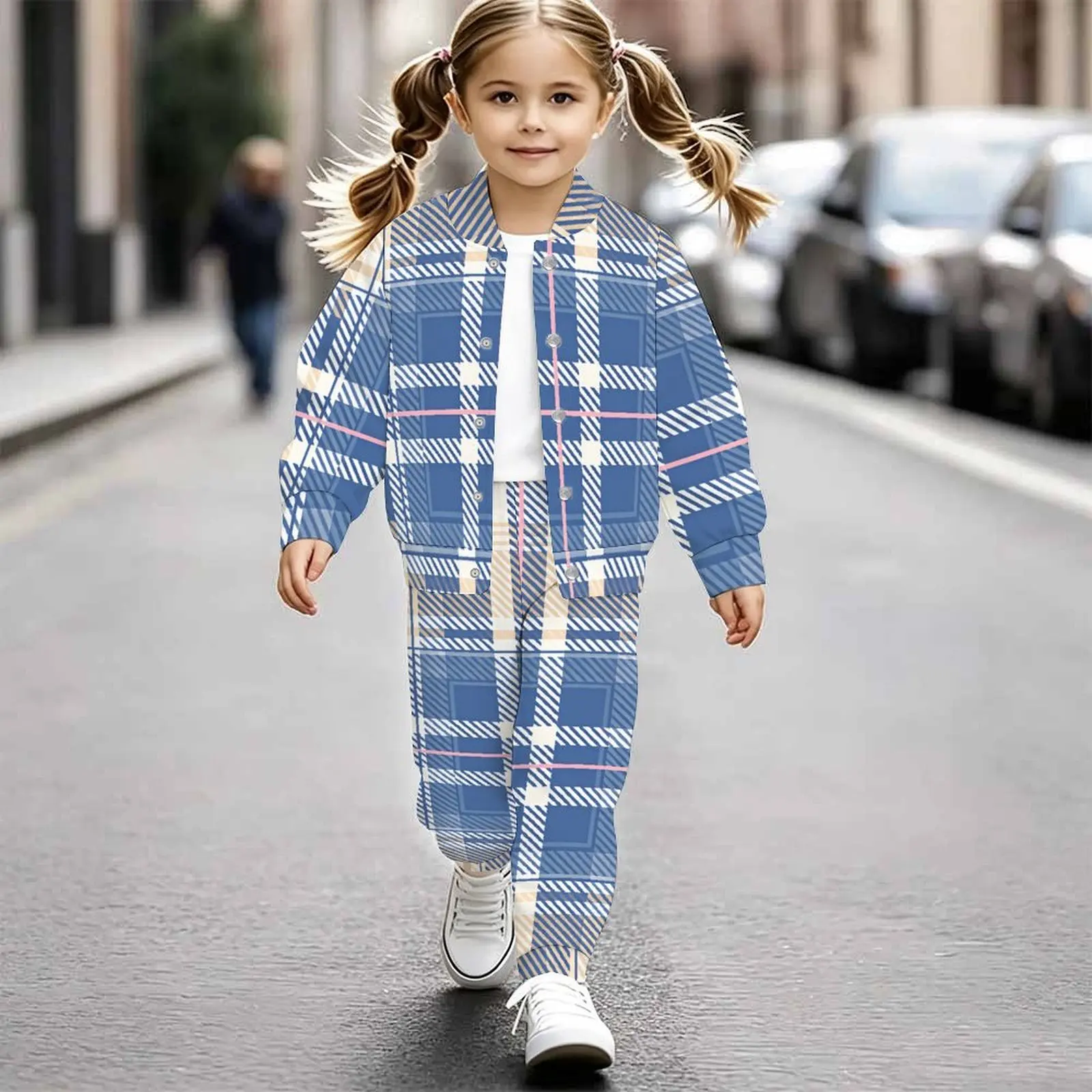 Retro Fashion Girls 2 Pieces Print Long Sleeve Coat + Sport Pants for Vacation and Daily Wear