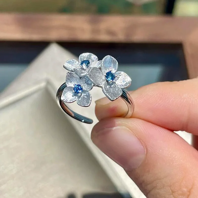 XIYANIKE Korean Brushed Hydrangea Flower Blue Zirconia Cuff Finger Rings For Women Fashion New Jewelry Gift Party anillos mujer