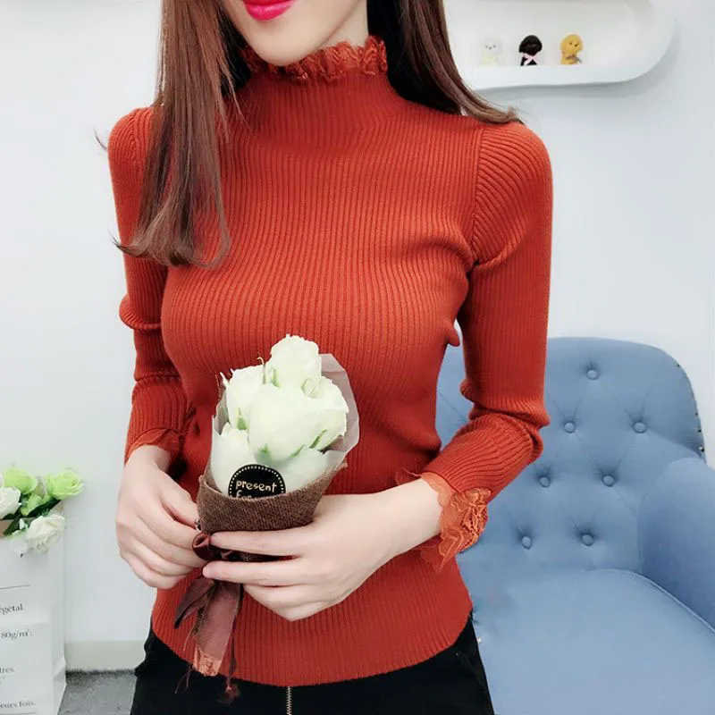 Lucyever Sweet Lace Patchwork Knitted Sweater Women Long Sleeve Turtleneck Stretch Sweaters Woman Winter Casual Solid Pull Femme