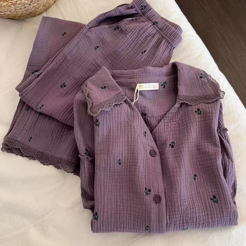 

Korean style retro Purple floral sweet pajamas Women's Spring autumn new model long sleeves pants comfortable homewear suit