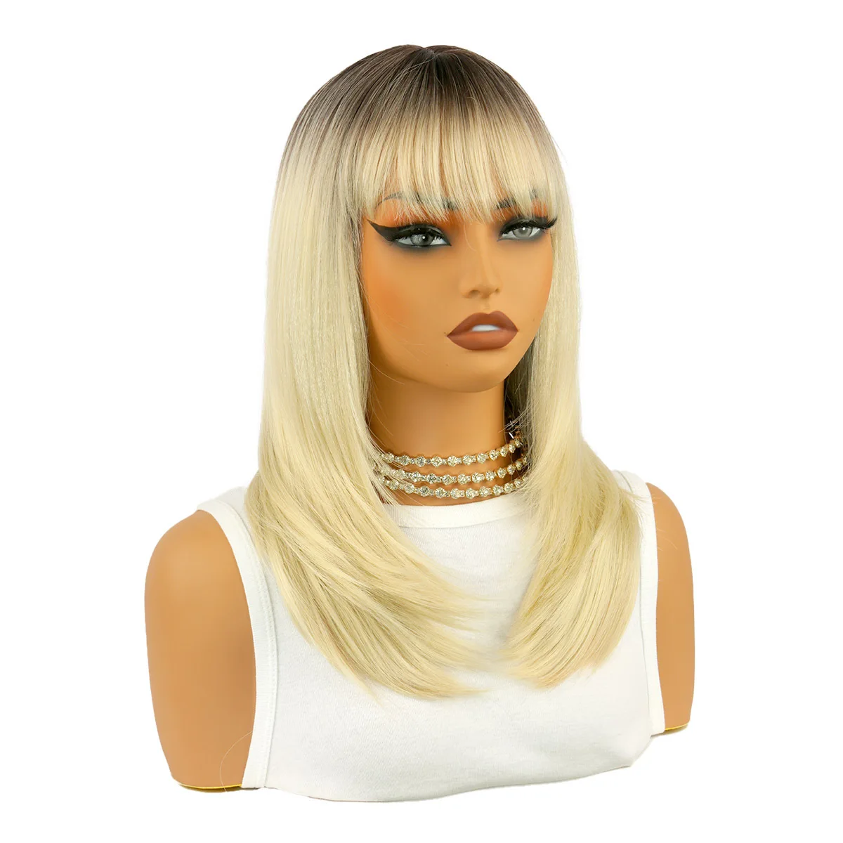 女性用ホワイトブロンド合成ウィッグ ストレートレイヤードナチュラルヘアウィッグ 前髪付き 耐熱ウィッグ 日常コスプレ用