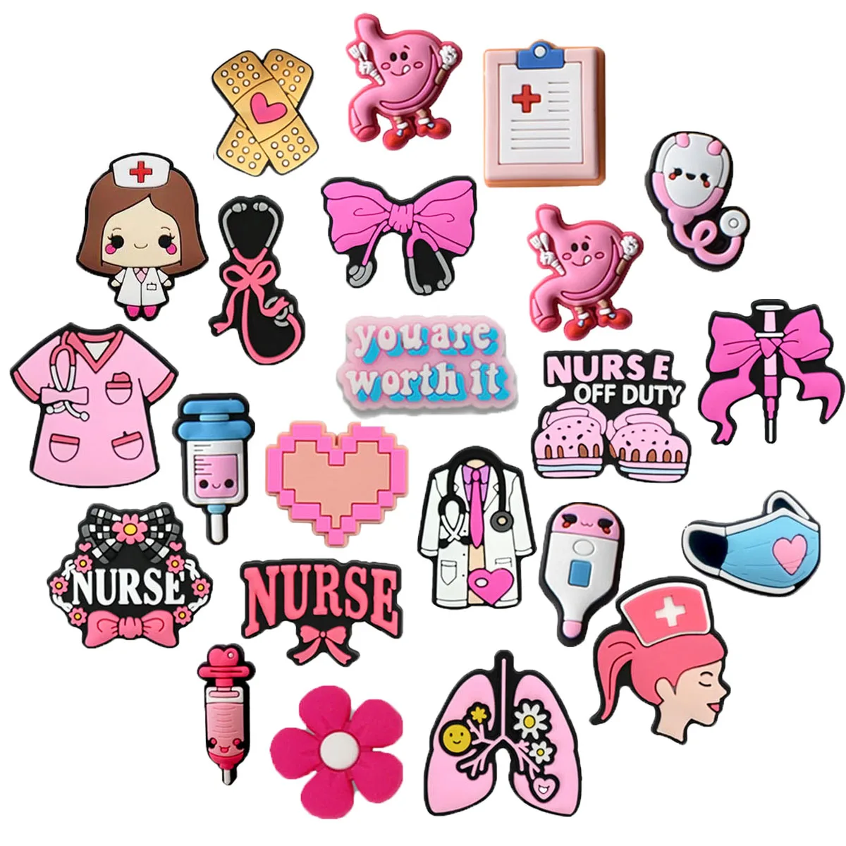 23Pcs Pink Doctor Nurse Series Shoe Charms For Shoe Key Chain Sandals Beach Bag, PVC DIY Shoe Decorations Accessories Shoes Pins