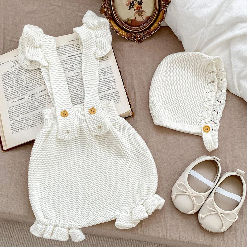 Autumn Spring Baby Girl Clothing Newborn Baby Girls Bodysuits+Hat Sleeveless Solid Color Knitting Infant Baby Girls Jumpsuit