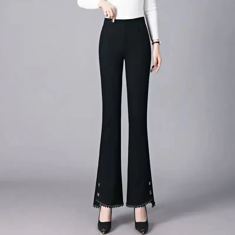 Fashion Simple Commuting Flared Pants Black Casual Women Spring Autumn Slim Elastic High Waiste Pocket Office Lady Trousers 2024