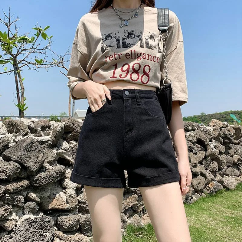 Summer Chic Korean Style Casual Slimming Versatile Loose Cuffed Wide Leg Hot Pants Women's Jeans Shorts High Waist Washed