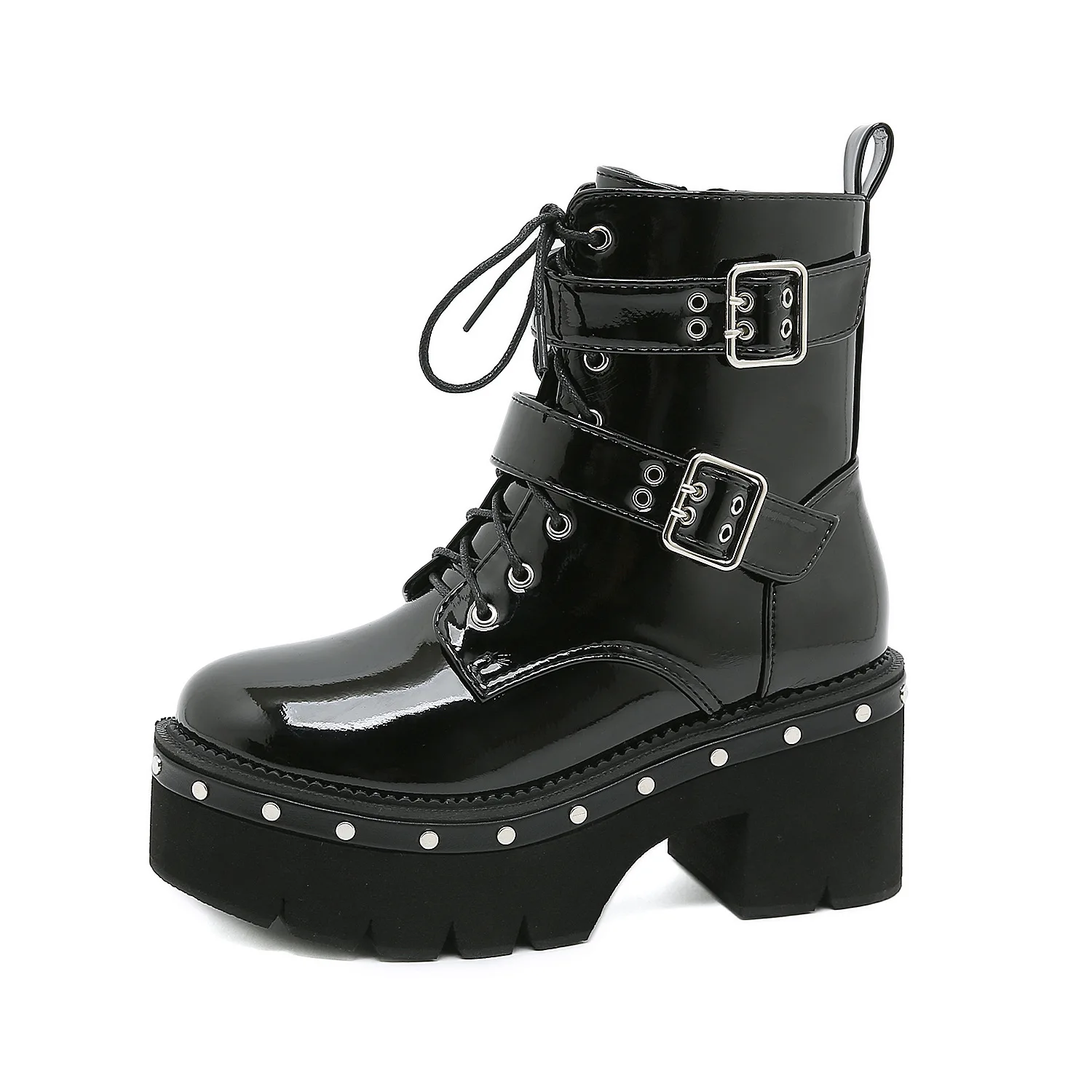 

Women Punk Boots PU Leather Rivet Buckle Design Shoes Cool Retro Chunky Wedges Platform Boots Lace Up Casual Outdoor Shoes 35-43