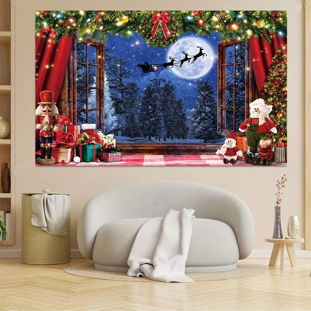 Christmas Backdrop Banner with Santa Sleigh Reindeer Design Photography Background for Holiday Parties