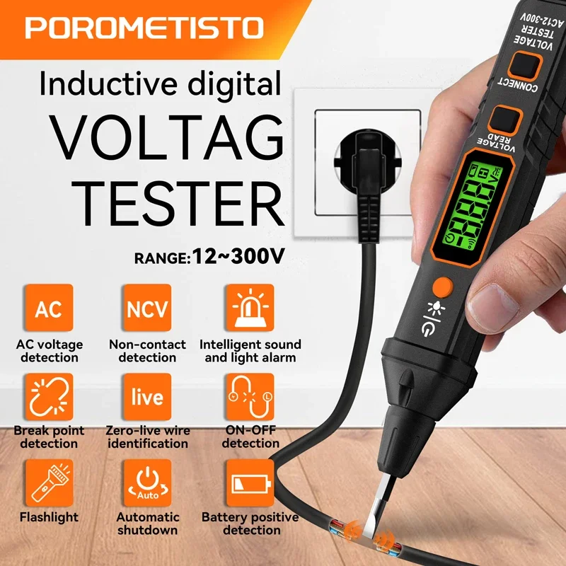 POROMETISTO VT06 التيار المتناوب 12-300 فولت كاشف جهد كهربائي اختبار مفك التيار المتناوب عدم الاتصال التعريفي اقلام الفحص جهاز قياس الجهد الكهربائي