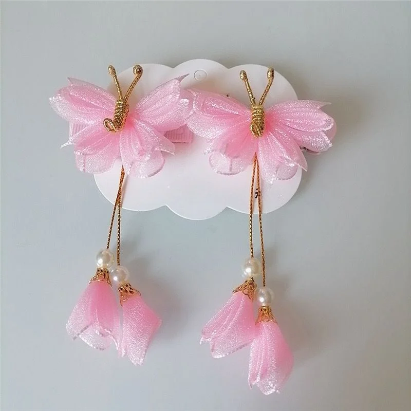دبوس شعر للأطفال على شكل فراشة دبوس شعر شيفون لؤلؤي بتلات شرابة دبوس شعر للفتيات إكسسوارات شعر للفتيات #2