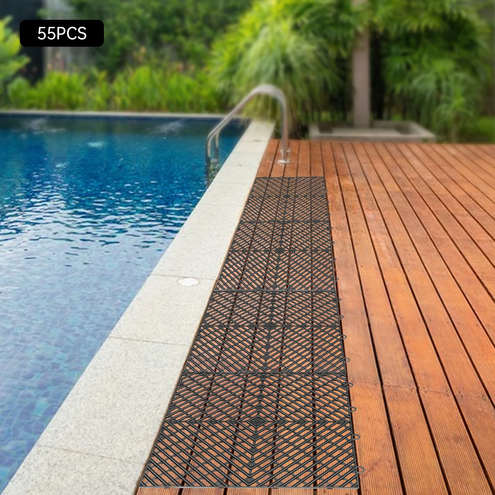 กระเบื้องตาข่ายสีดำแบบประกบ 55 ชิ้น ขนาด 12x12x0.5 นิ้ว สำหรับพื้นที่ล็อกเกอร์ ห้องซาวน่า ระเบียง และโรงรถ