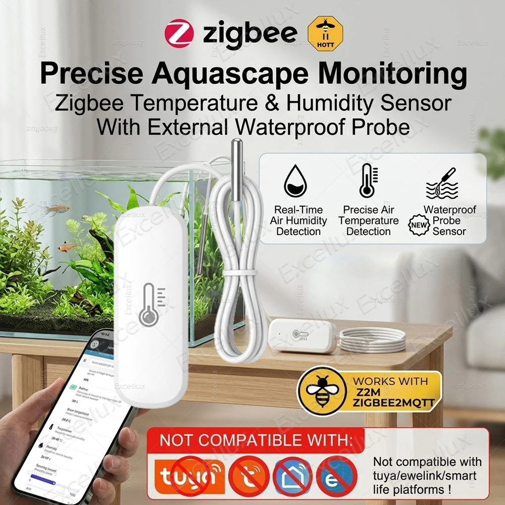 Zigbee Temperature Humidity Sensor With Probe Thermometer Compatible Zigbee2MQTT For Pool/Aquarium/Fridge/Freezer Temperature