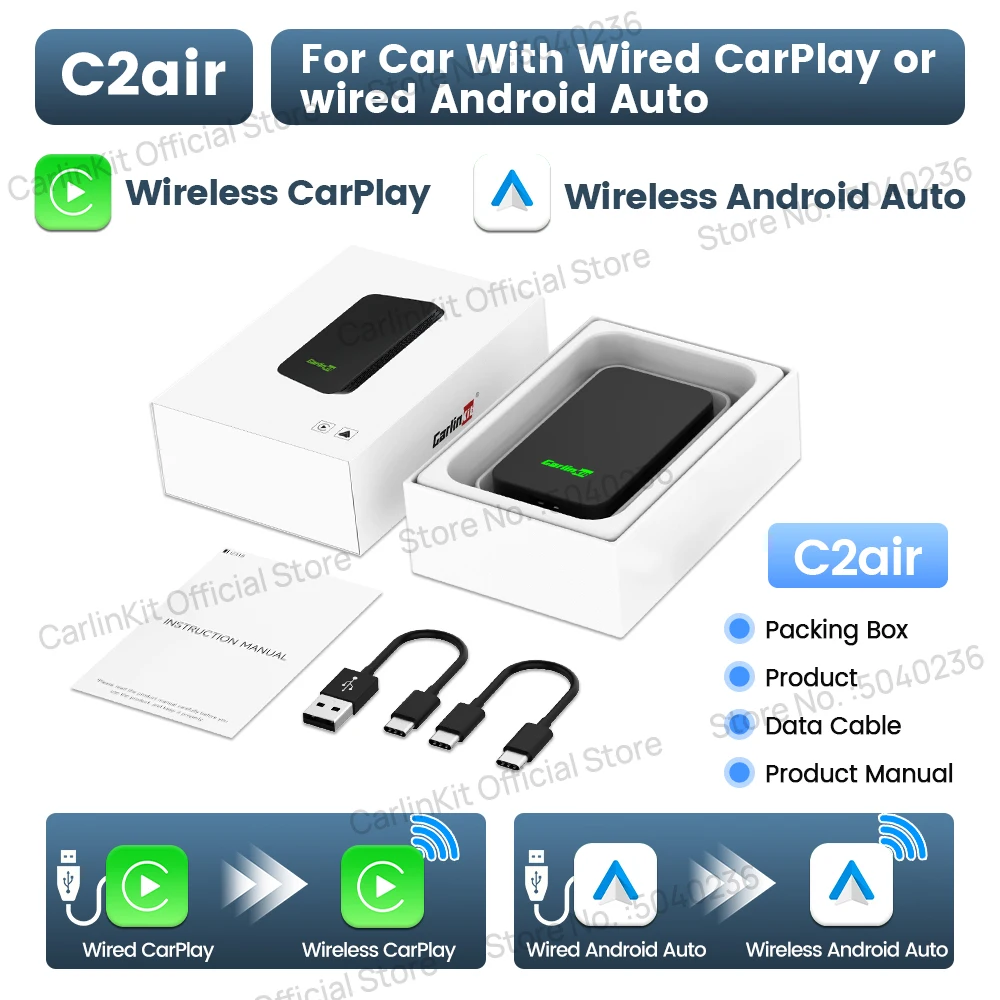 CarlinKit 5.0 C2Air 2-in-1 CarPlay Android Auto draadloze adapter voor bedrade CarPlay Android Auto auto's Online upgrade Plug & Play