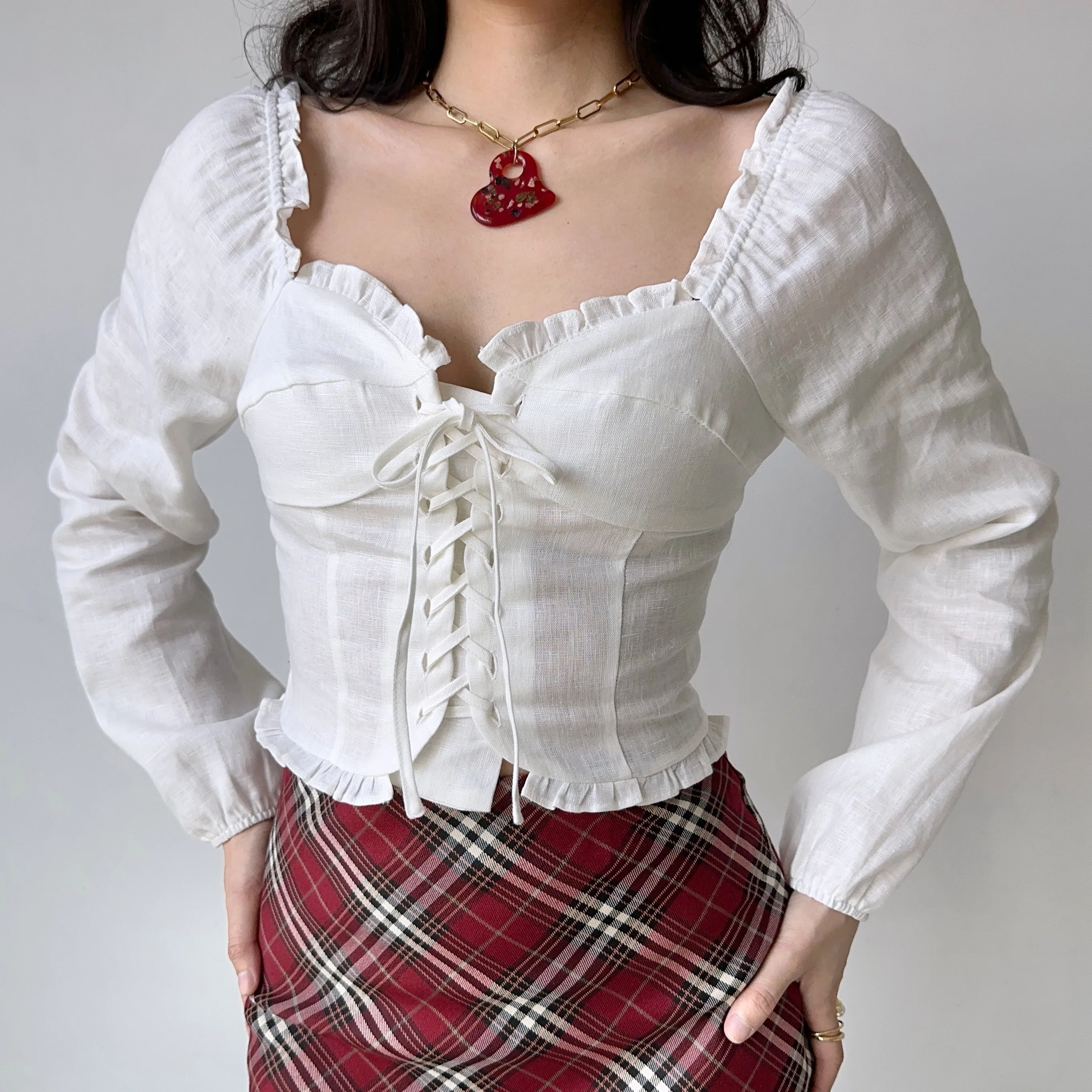 

Go Girl Go Vintage Long Sleeve Shirt Women's Bowtie Lace Trim White Top Street Style Slim Fit Linen Fabric Lantern Sleeve