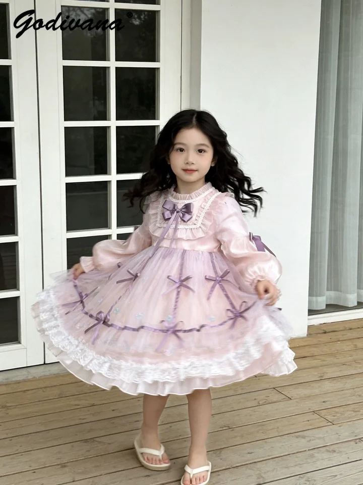 Sweet Baby Girls Lolita Princess Dress Kids Summer 2026 New High End Tulle Bow Lace Trim Puff Sleeve Birthday Party Ball Gown