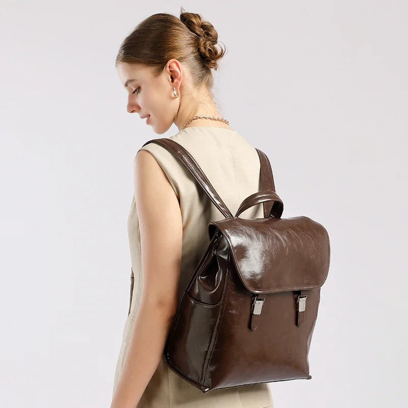 

Роскошный женский рюкзак из натуральной кожи с легкой откидной крышкой, повседневный универсальный дизайн для ежедневных прогулок и школы