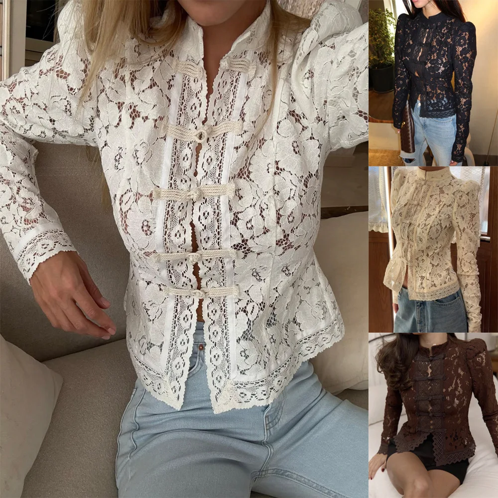 FL Camicie stampate in pizzo da donna Top Primavera Nuova manica lunga Scava fuori Camicetta patchwork monopetto Camicie coprispalle moda donna