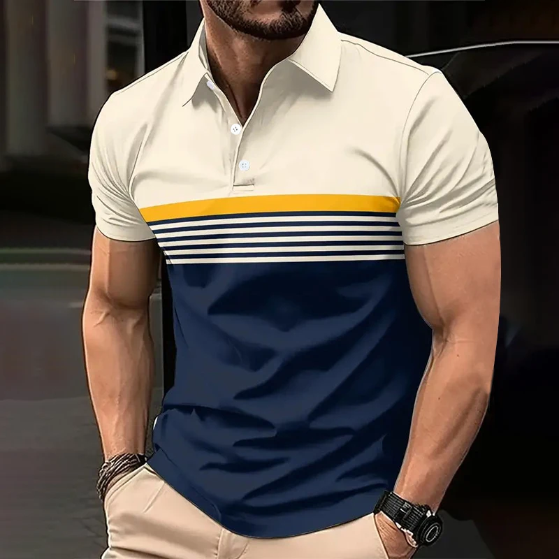 2026 Summer New Men Striped Color Block Polo Shirts White Navy Blue Yellow Patchwork Short Sleeve Lapel T-shirt Breathable Busin