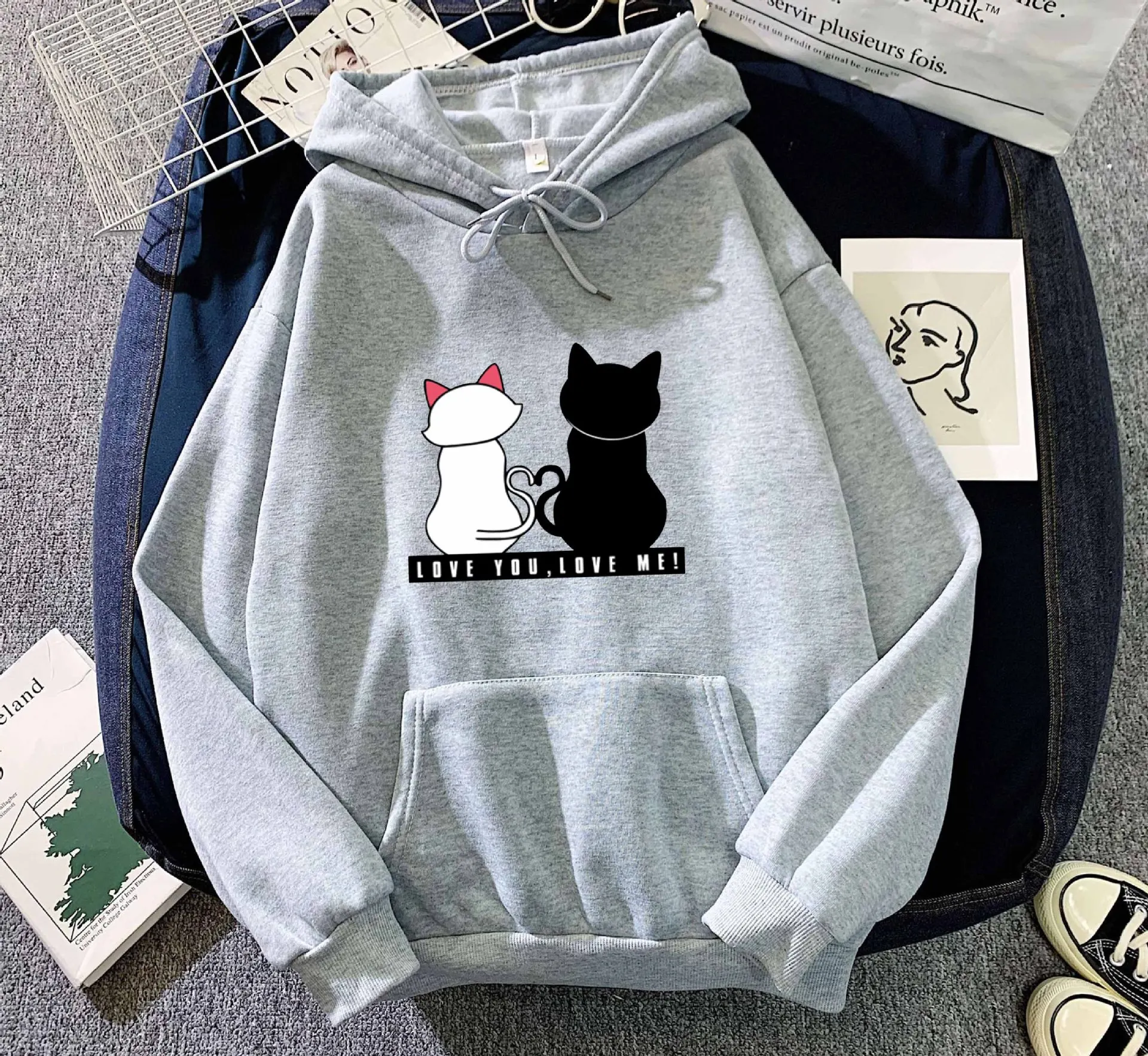 Hoodie kartun pasangan baru, Hoodie longgar, Sweatshirt bertudung, Pullover kasual, pakaian jalan untuk wanita pria