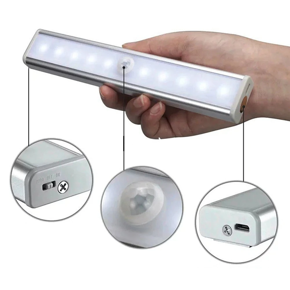 Sensor de Movimento LED Night Light, USB Recarregável, Lâmpada para Cozinha, Gabinete, Roupeiro, Escada, Branco