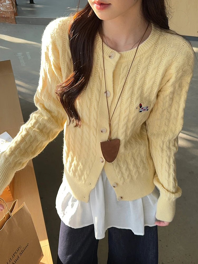 

Women Cartoon Embroidery Cute Cardigan Sweet O Neck Long Sleeve Knitted Sweaters Vintage Slim Single Breasted Fall Winter Tops