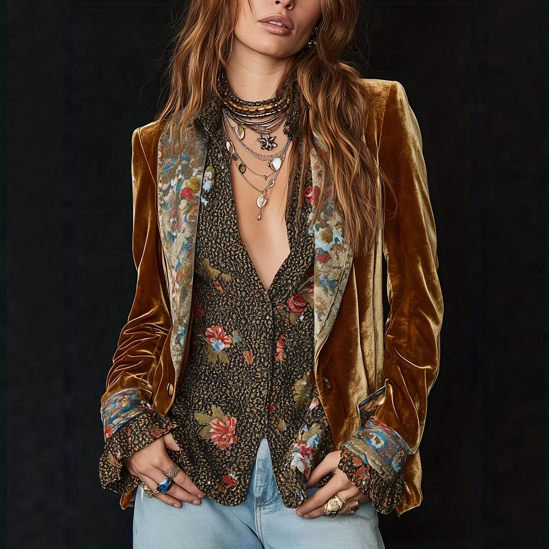 Blazer women 2026 casual floral print lining OL long-sleeved solid color patchwork lace velvet suit women's clothing