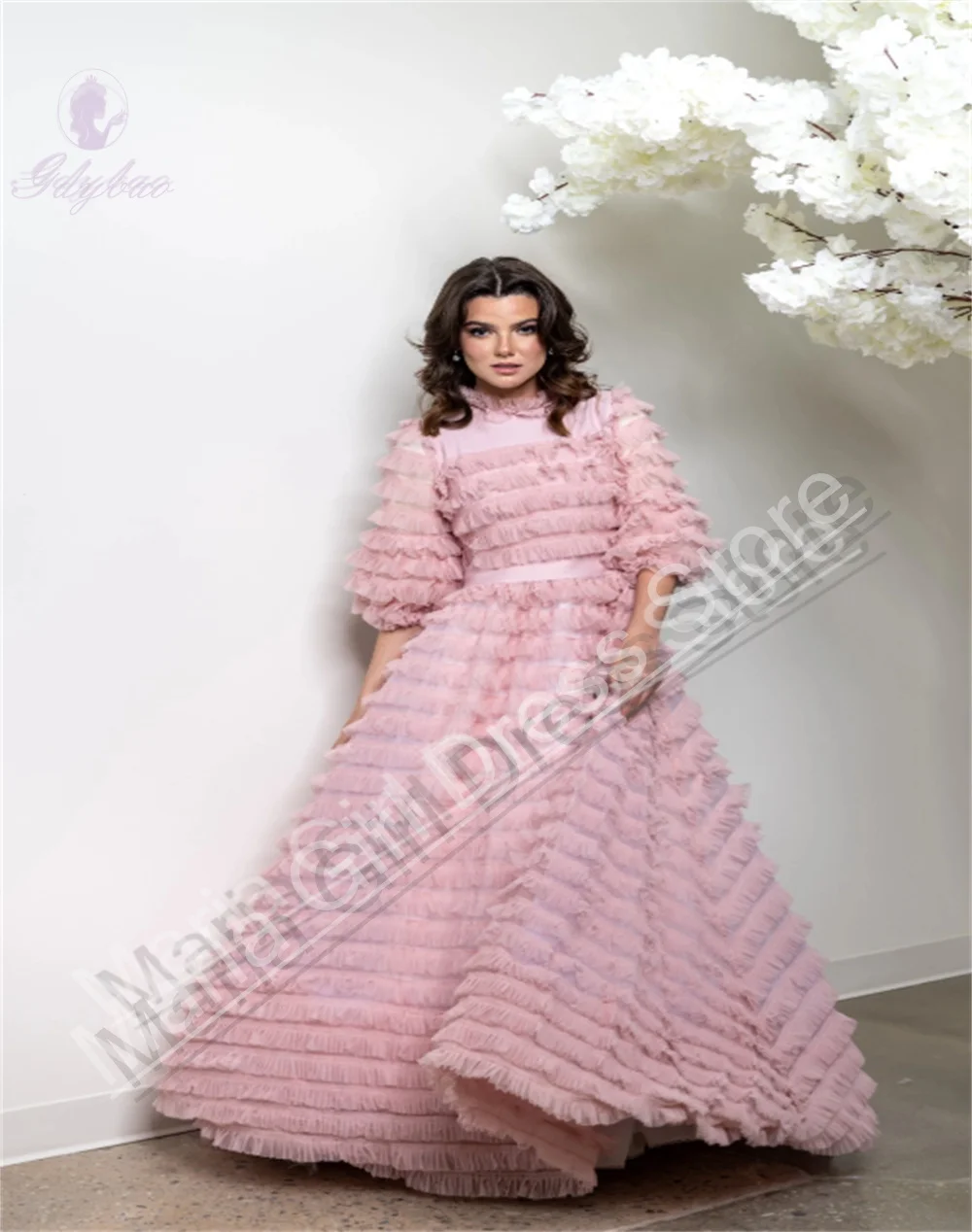 

Розовое элегантное вечернее платье 2026 года с высоким воротом, сетчатыми вставками, молнией и длинными рукавами-полурукавами для детского дня рождения