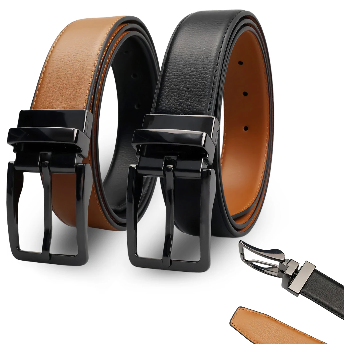 

3.3cm Business Leather Men's Belt Double-sided Available Two-layer Cowhide Rotatable Alloy Pin Buckle Belt