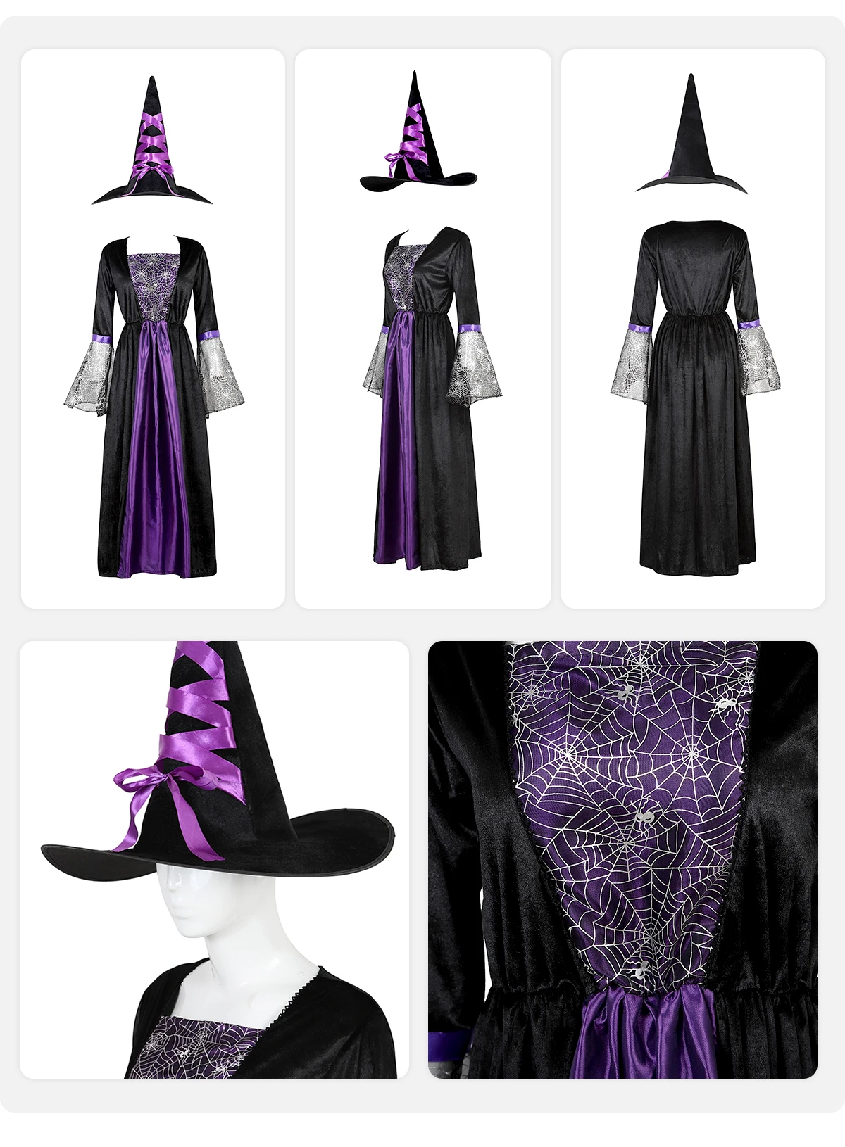Halloween Dresses for women Witch Costume Sorceress Dress Lace Sleeves  Spider Witch Dress Magic Hat Purple Gray Orange green