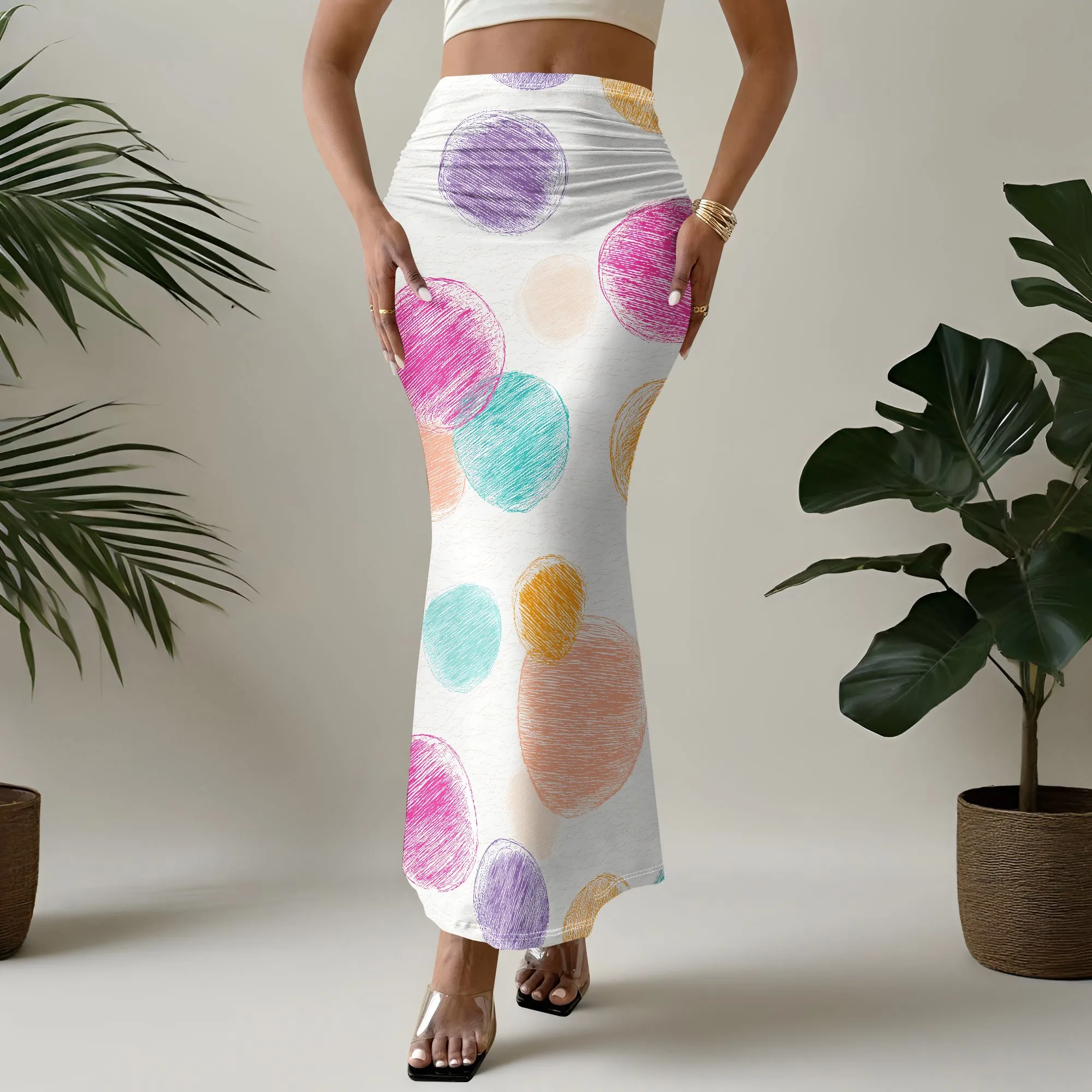 Colorful Circle Print Mermaid Skirt, Pastel Polka Dot Maxi Skirt, Artistic Doodle Design, Summer Beach Vacation Wear, S-3XL