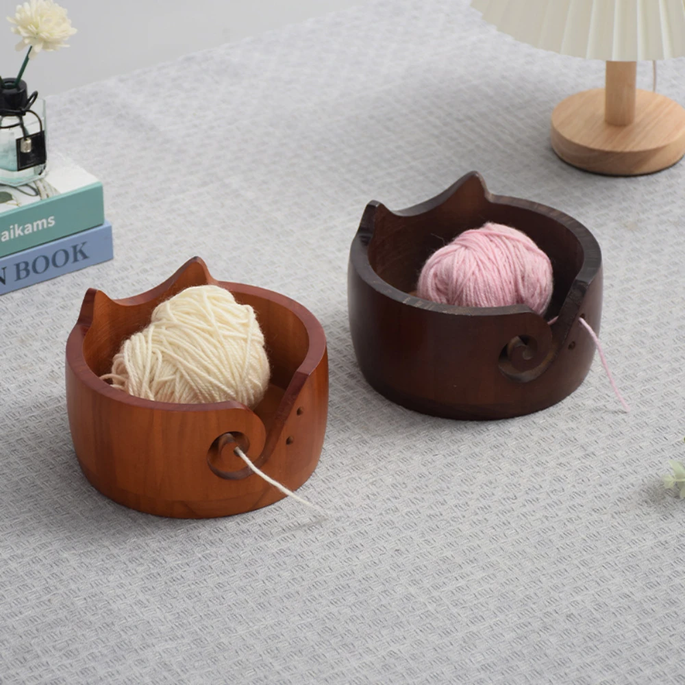 Wood Yarn Bowl Practical Cat Shape Container Handmade Reusable Knit Tool Knitting Crochet Storage for Knitters Knitting Lovers