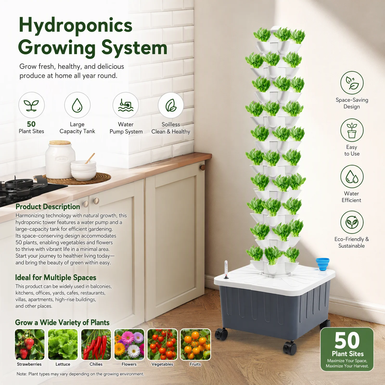 10W Hydroponics Growing Box Kit,White Hydroponic Growing Kit, 50-Plant Vertical Vegetable Plant Tower